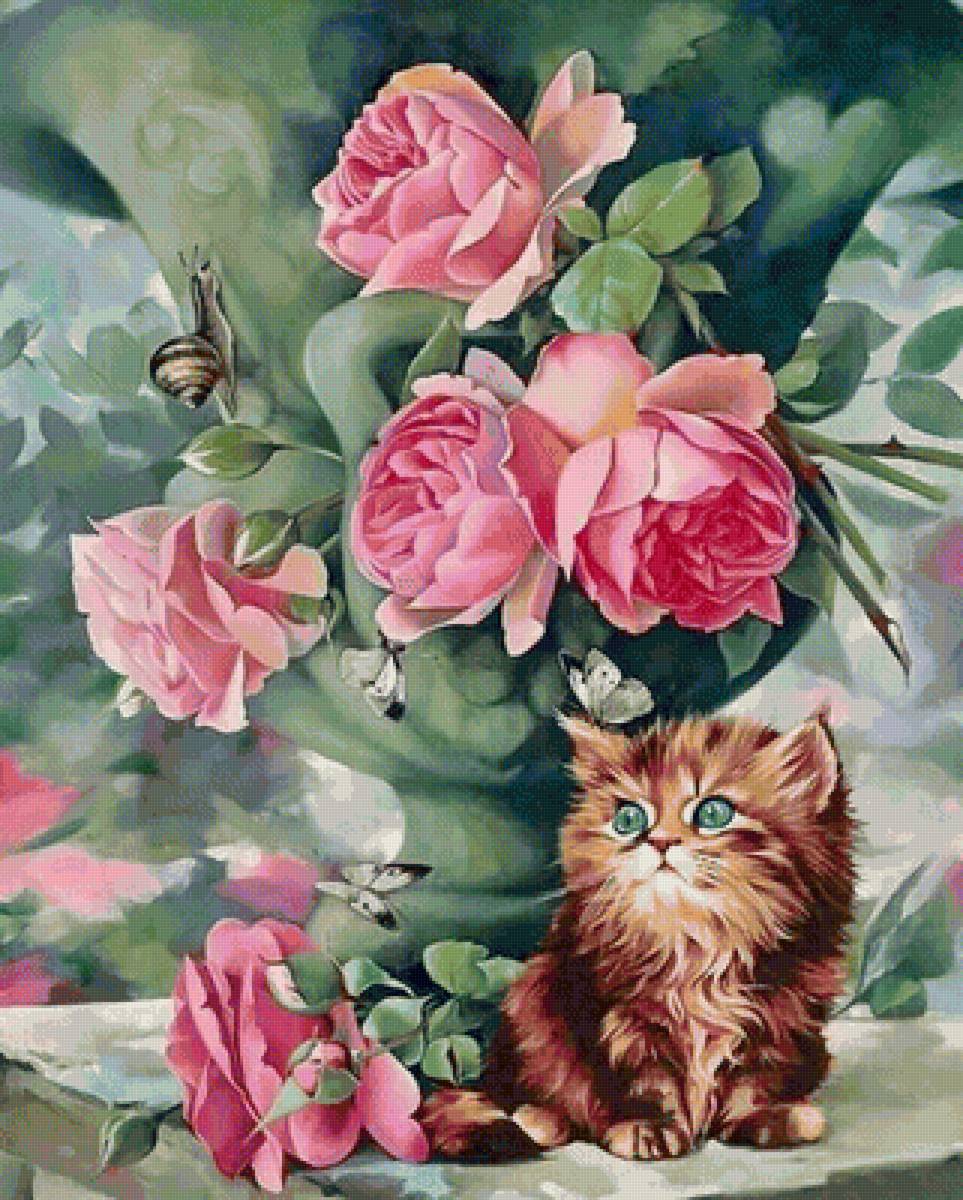 Натюрморт - розы, котик - предпросмотр