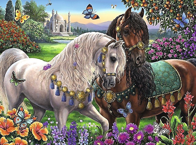 сказочные лошади - лошади, цветы, бабочки - оригинал