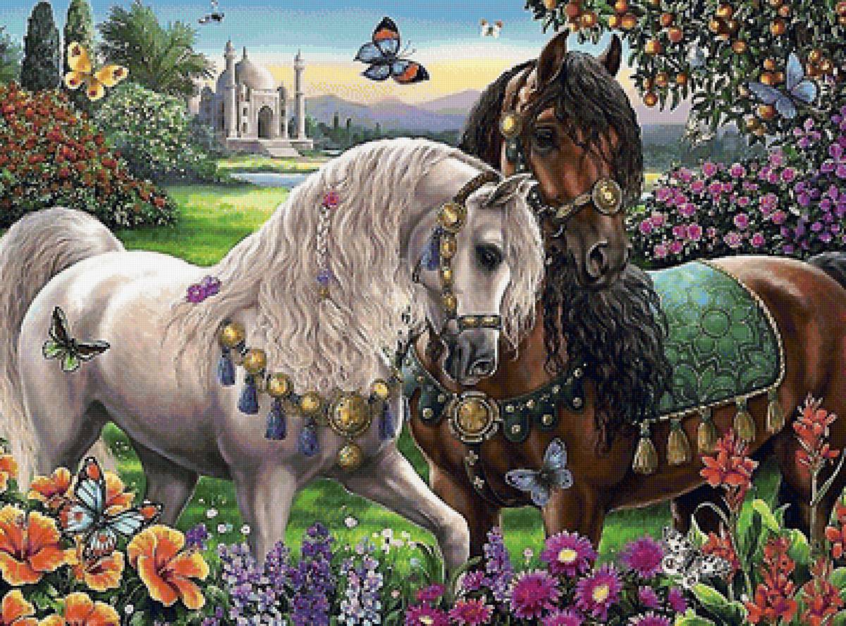 сказочные лошади - цветы, лошади, бабочки - предпросмотр