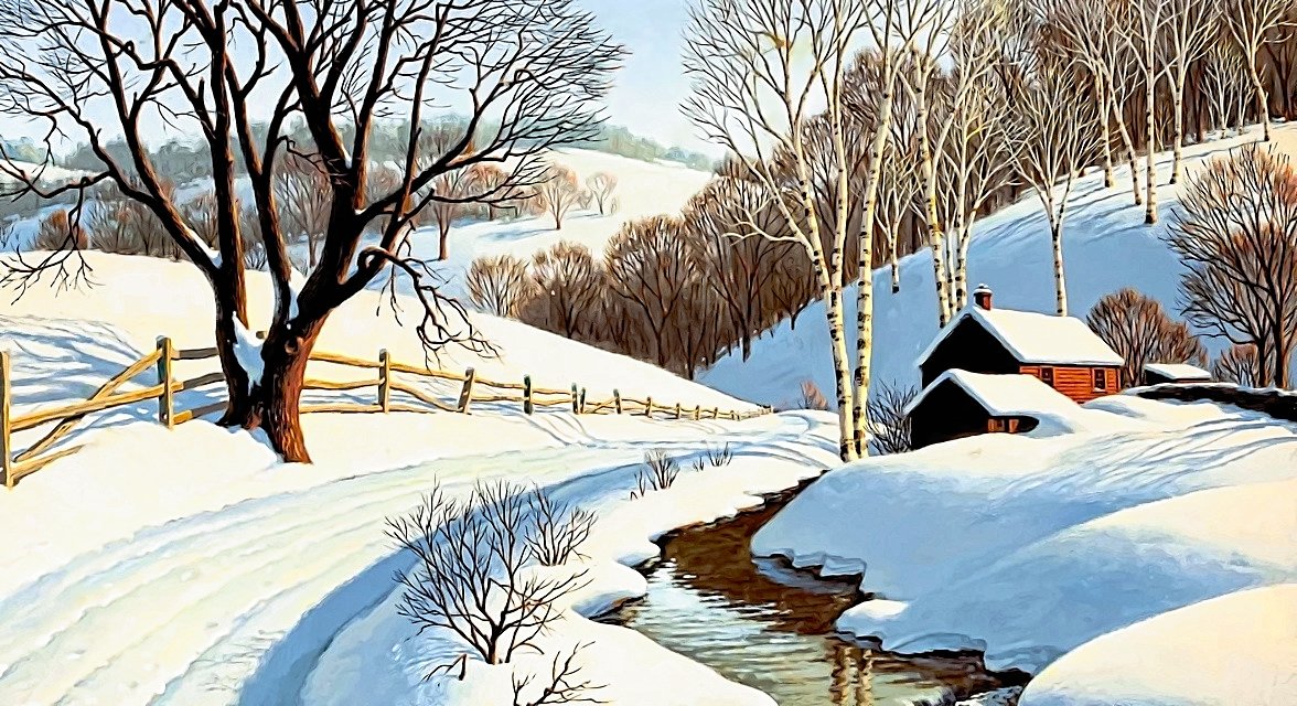 зимний день - река, пейзаж, домик, зима, деревья - оригинал