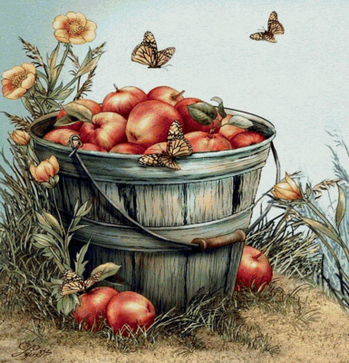 Яблочный урожай - бабочки, корзина, яблоки - предпросмотр