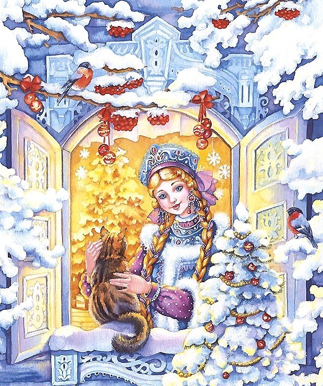 снегурочка - снегурочка, котенок, снегири - оригинал