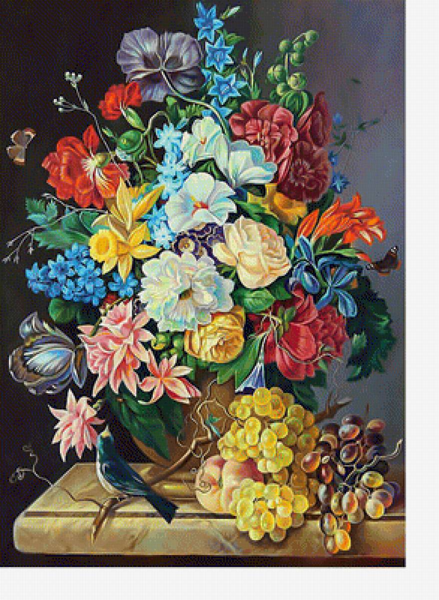 Натюрморт - птица, виноград, цветы, букет - предпросмотр