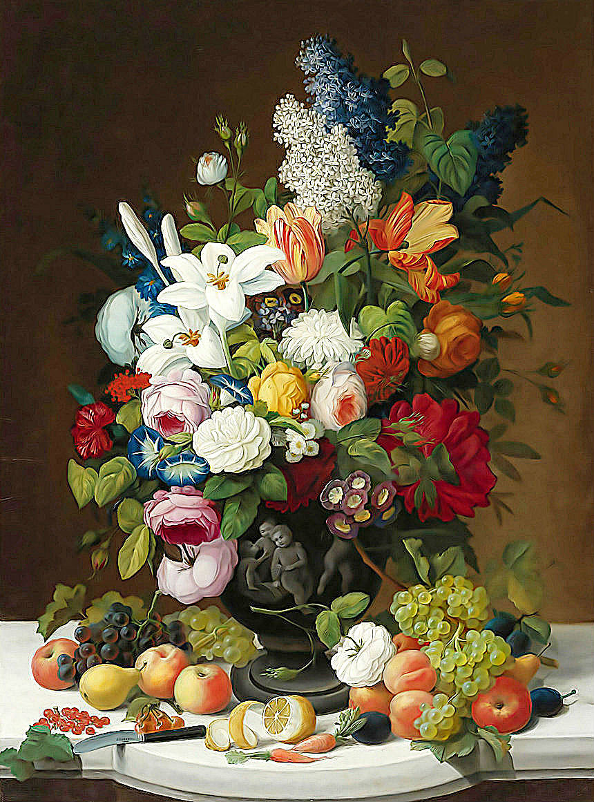 Натюрморт - цветы, фрукты, букет, цветы в вазе - оригинал