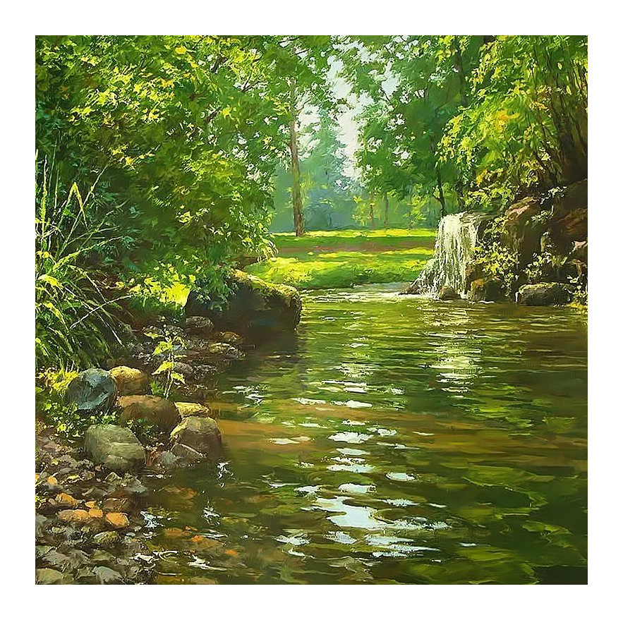 Летний пейзаж. - деревья, пейзаж, живопись, лето, река - оригинал