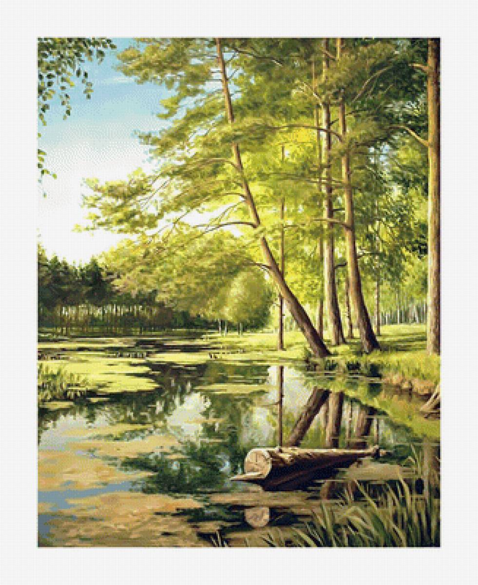 Лесное озеро. - пейзаж, озеро, живопись, солнце, лето, лес, природа, река - предпросмотр