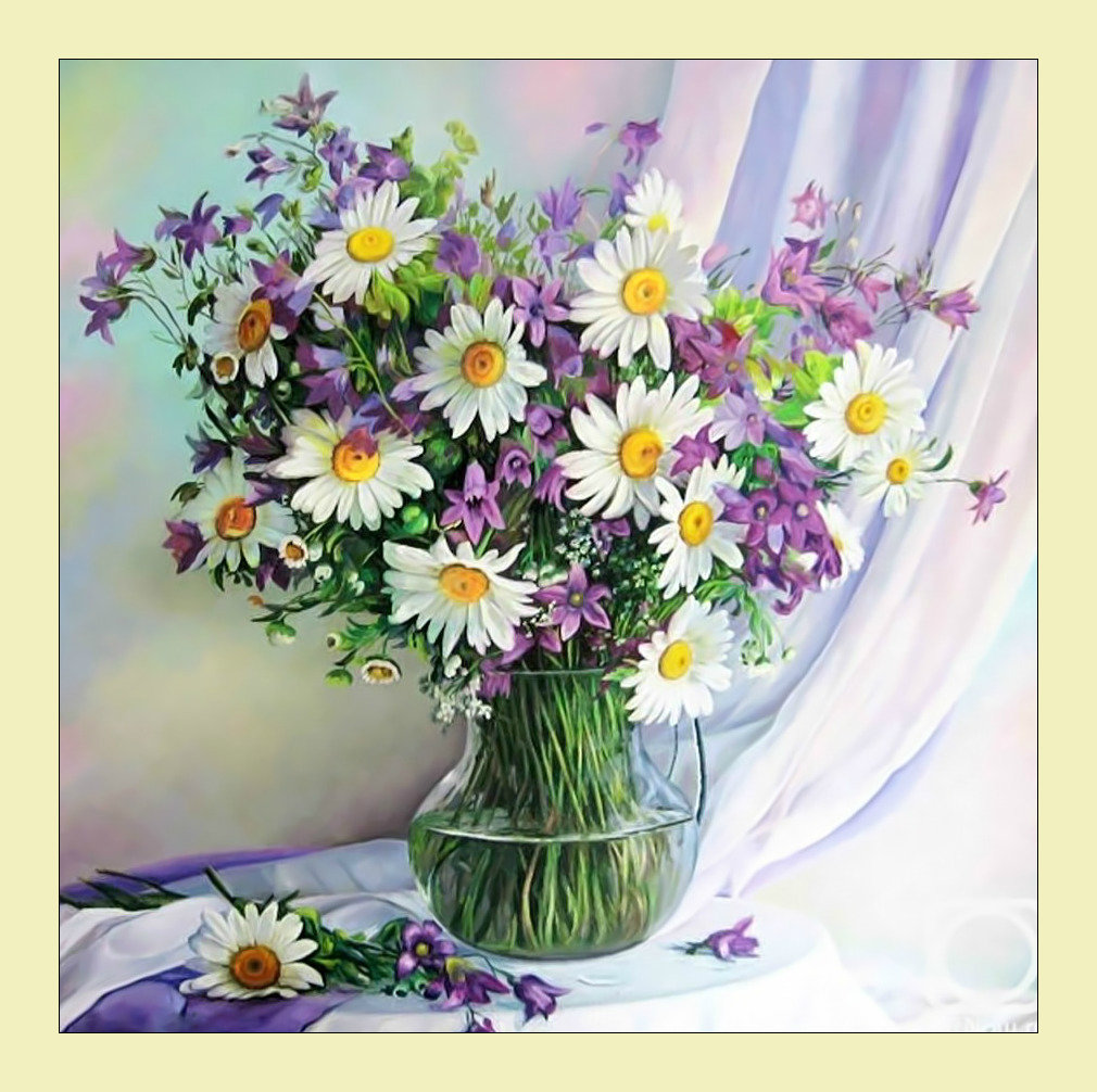 Полевые цветы. Букетик. - цветы, ваза, полевые, букет, живопись, колокольчики, ромашки - оригинал
