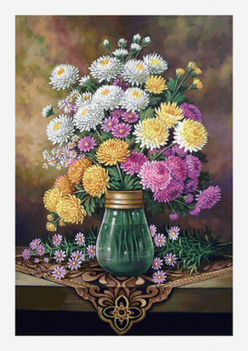 Астры. Букет. - хризантемы, астры, живопись, букет, цветы - предпросмотр