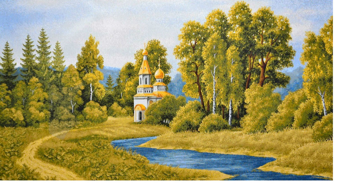 Пейзаж - пруд, осень, лес, церковь - оригинал