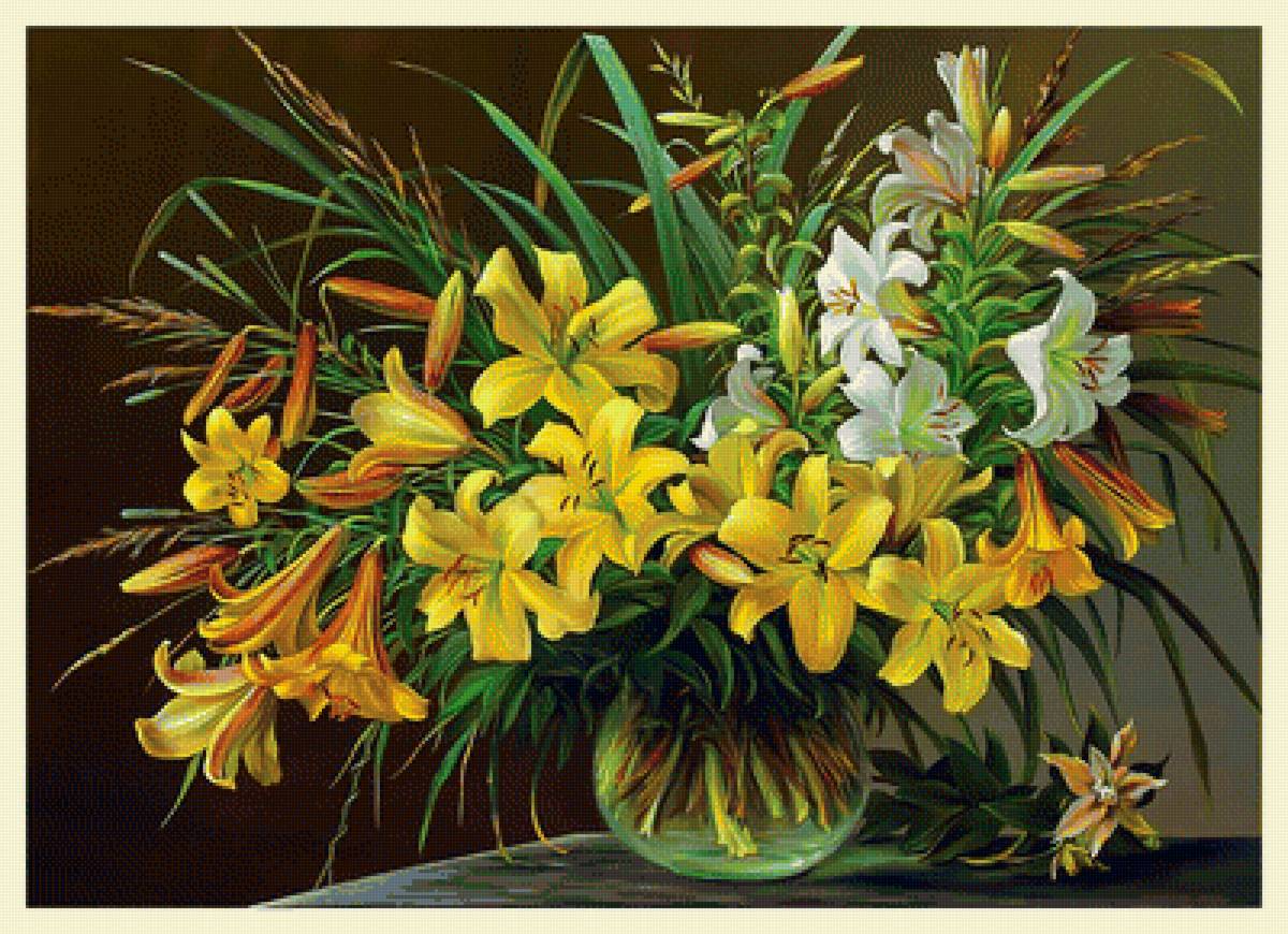 Жёлтые лилии. - букет, цветы, живопись, лилии - предпросмотр