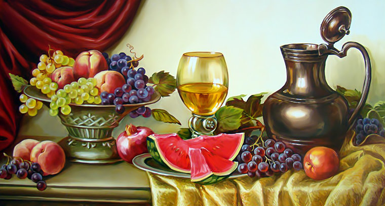 натюрморт с арбузом - живопись, арбуз, фрукты., натюрморт, картина - оригинал