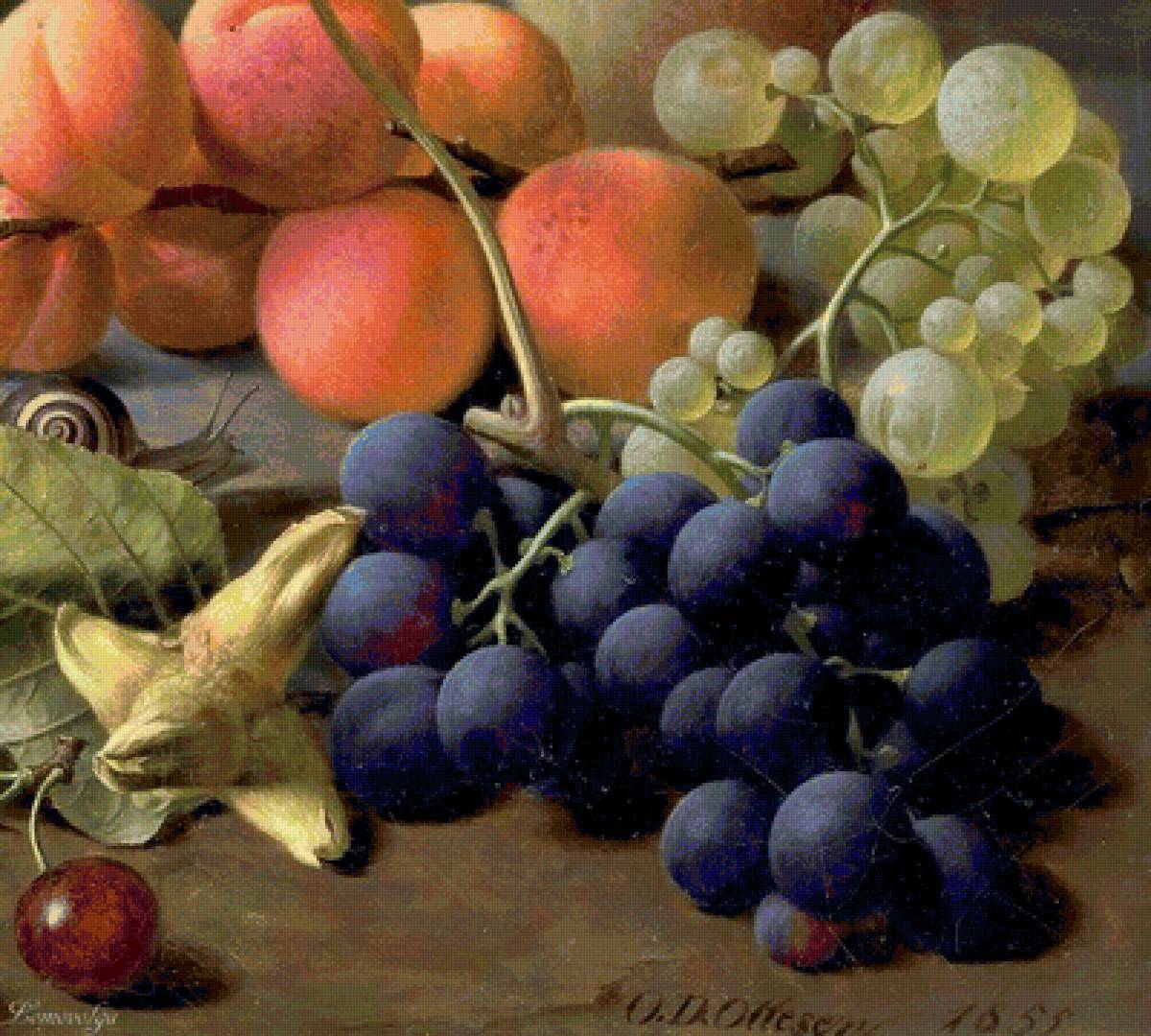 Великолепные плоды - улитка, персики, виноград - предпросмотр