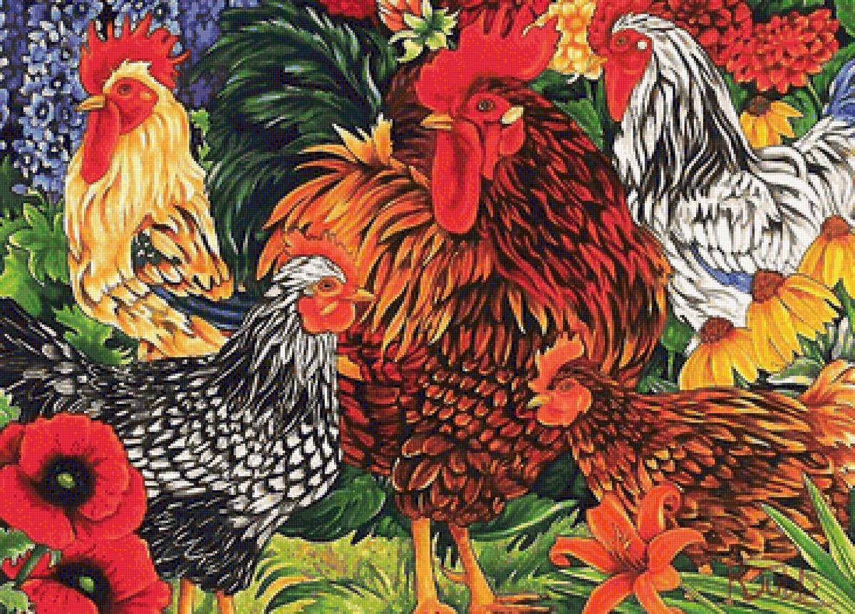 петушки и курочки - петух, курица, цветы - предпросмотр