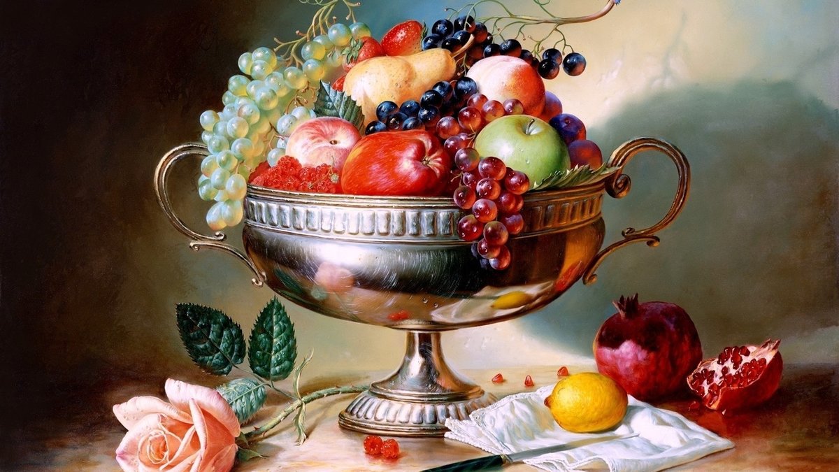 Натюрморт - ваза, роза, фрукты, стол - оригинал