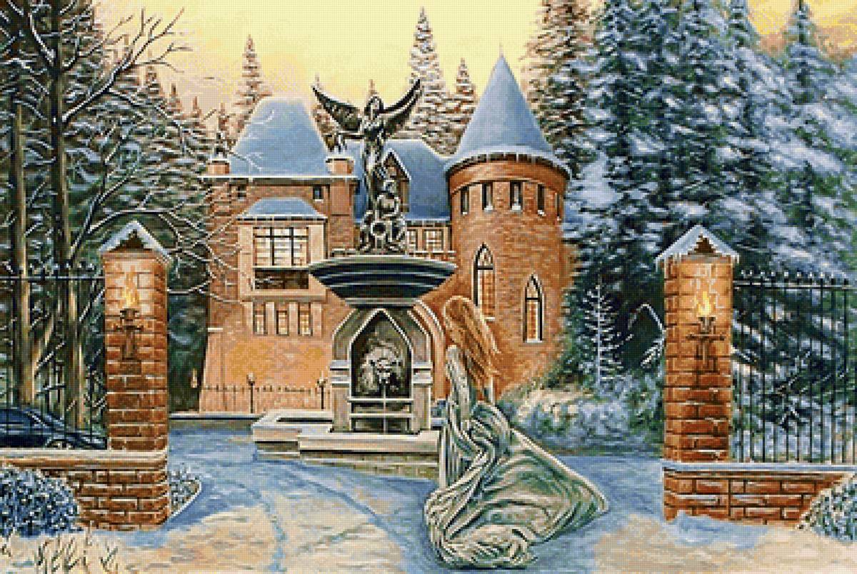 замок - девушка, деревья, замок, зима, вечер - предпросмотр