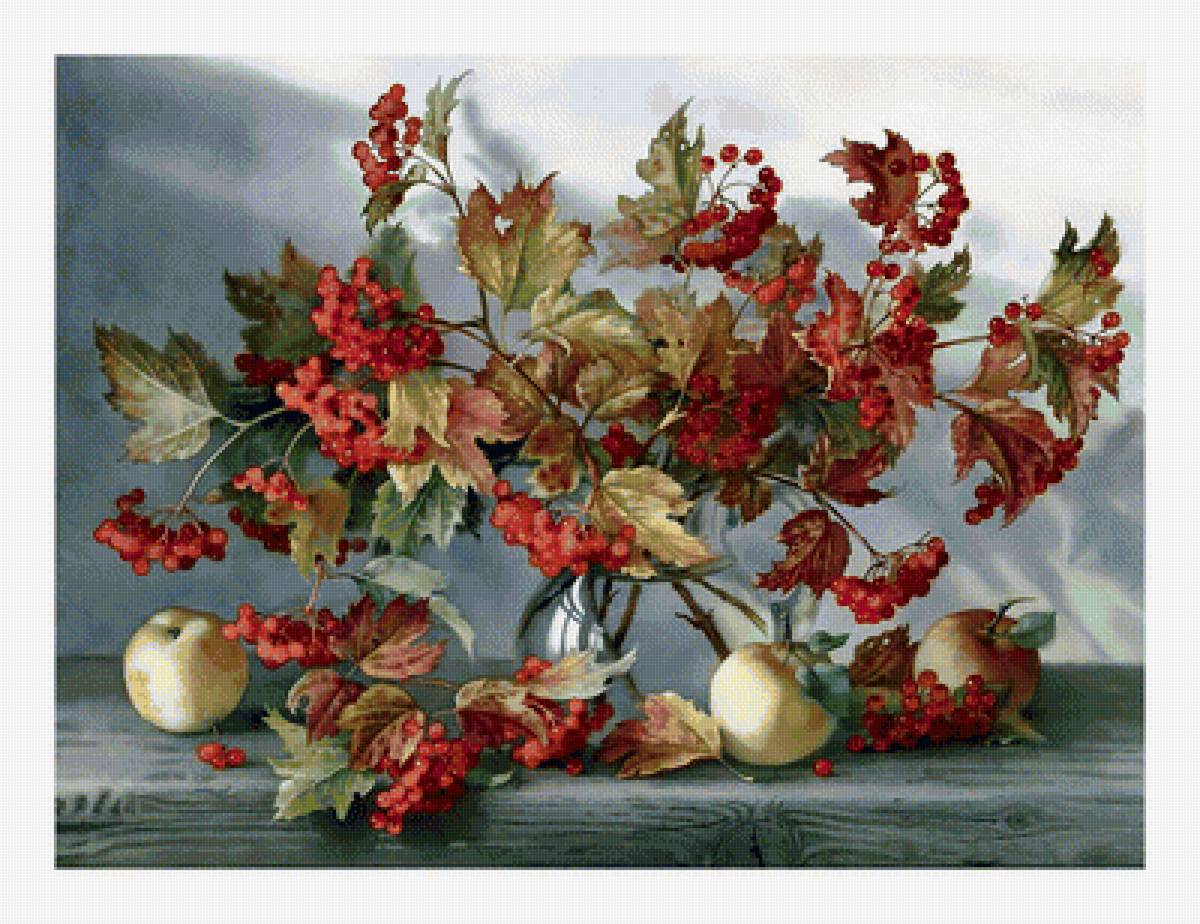 Осенний натюрморт. - букет, живопись, яблоки, осень, рябина - предпросмотр