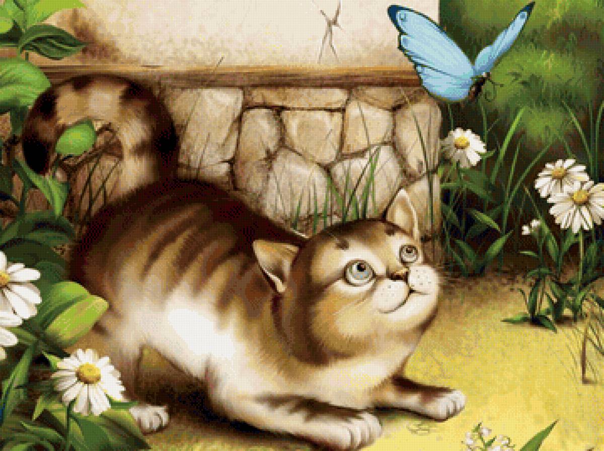 Кот и бабочка - бабочка, кот, цветы - предпросмотр