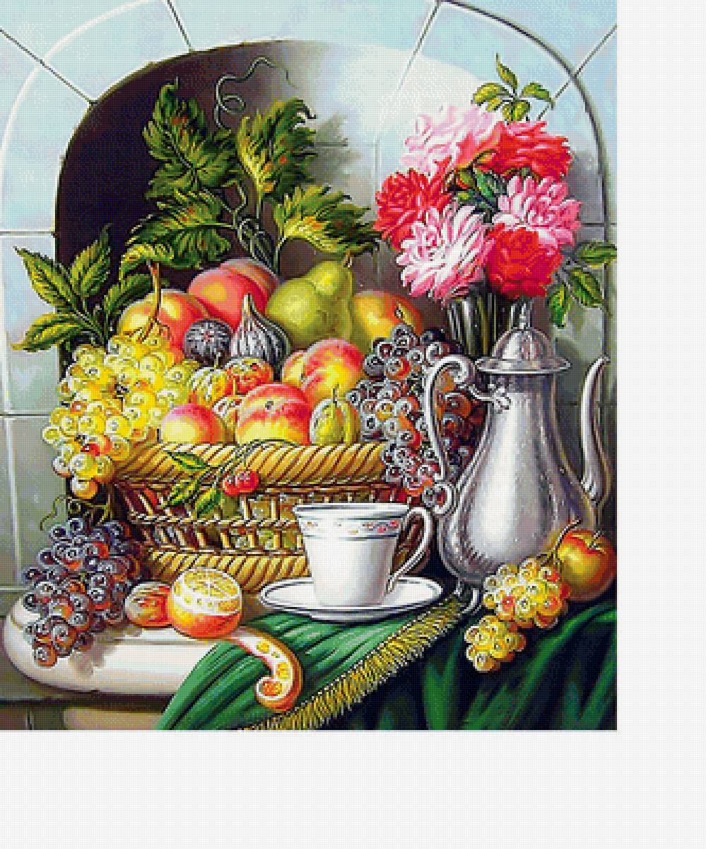 Натюрморт - виноград, персики, чайник, цветы - предпросмотр