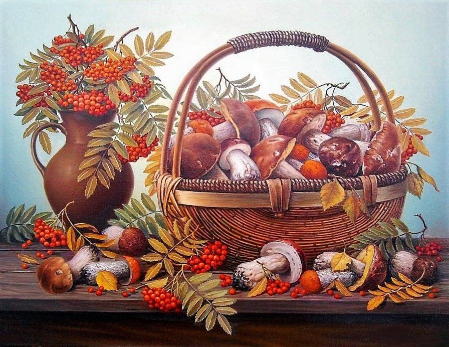 Грибное лукошко - рябина, грибы, корзина - оригинал