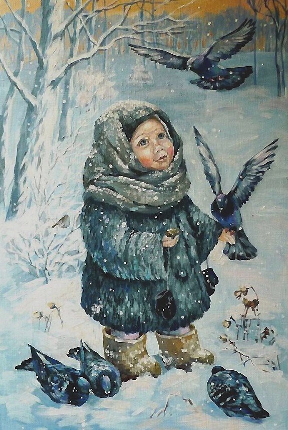 корм для голубей - мальчик, зима, голуби - оригинал