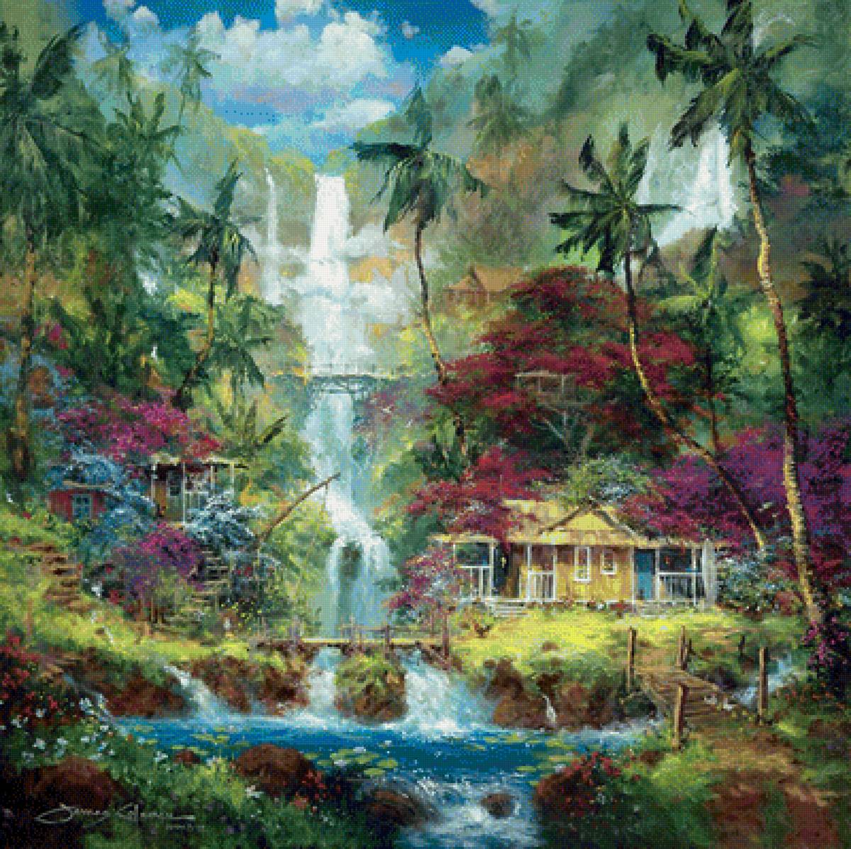 Рай2 - тропики, рай, водопад, уютный дом - предпросмотр