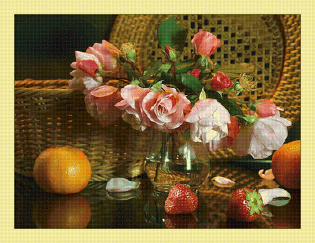 Натюрморт. - натюрморт, апельсины, розы, букет, цветы - предпросмотр