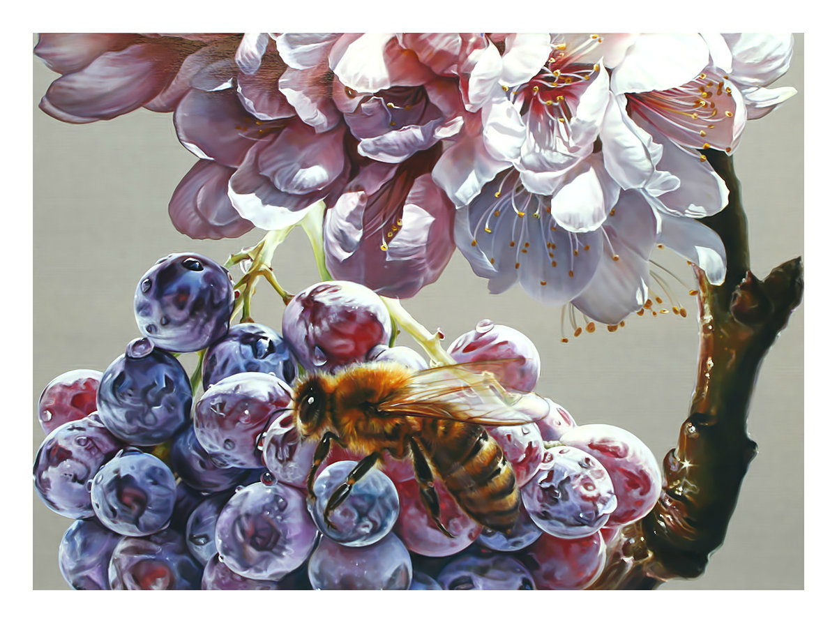 Цветочно-ягодная2. - виноград, ягоды, цветы, пчела, живопись - оригинал