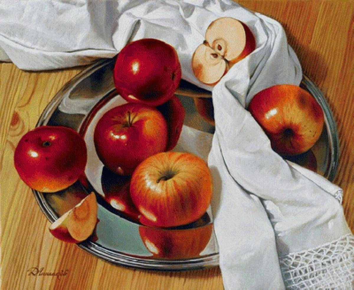 По картине Дмитрия Анненкова - яблоки, блюдо, стол, полотенце - предпросмотр