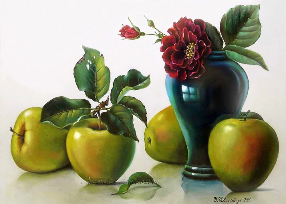 По картине Валентины Валевской - роза, ваза, яблоки - оригинал