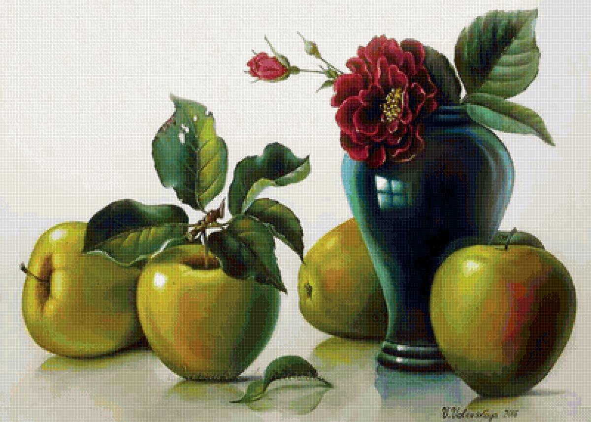 По картине Валентины Валевской - ваза, роза, яблоки - предпросмотр