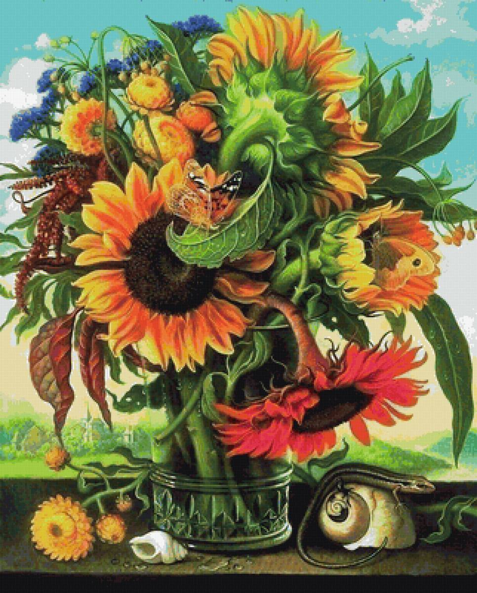 Натюрморт с подсолнухами - цветы, натюрморт, ваза, ящерица, подсолнухи - предпросмотр