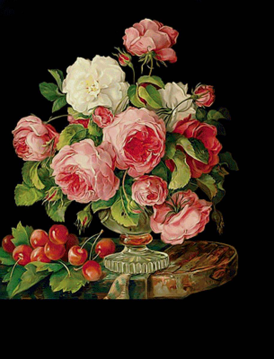 Натюрморт - розы, вишня, цветы, цветы в вазе - предпросмотр