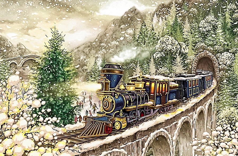 поезд - елки, снег, горы, мост, поезд, зима - оригинал