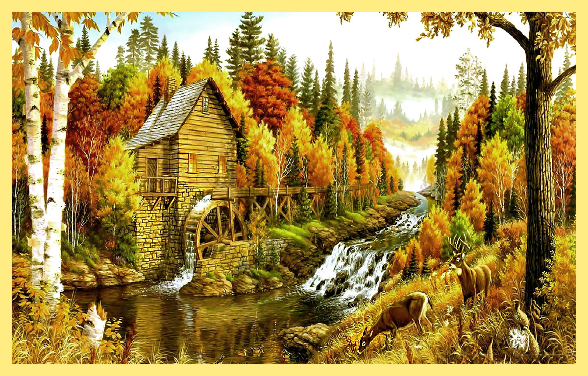 Серия "Пейзаж". Осень, мельница - лес, мельница, речка, природа, пейзаж - оригинал
