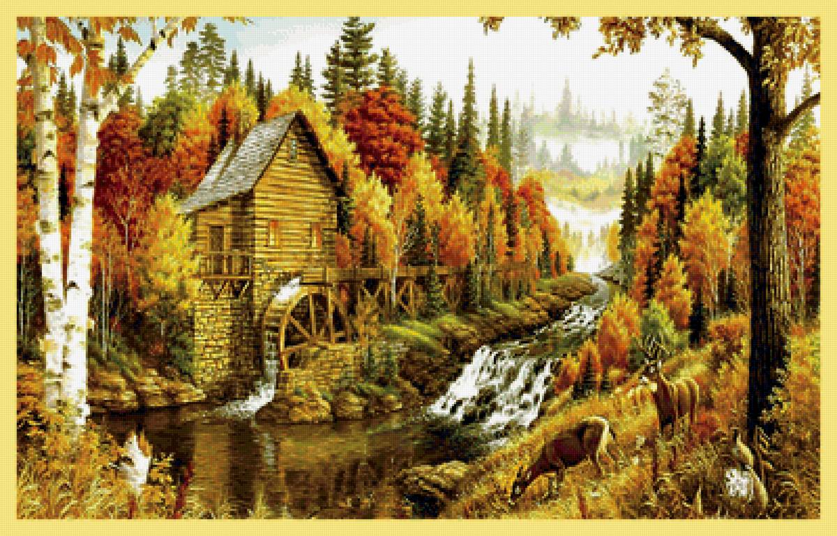 Серия "Пейзаж". Осень, мельница - лес, пейзаж, мельница, природа, речка - предпросмотр