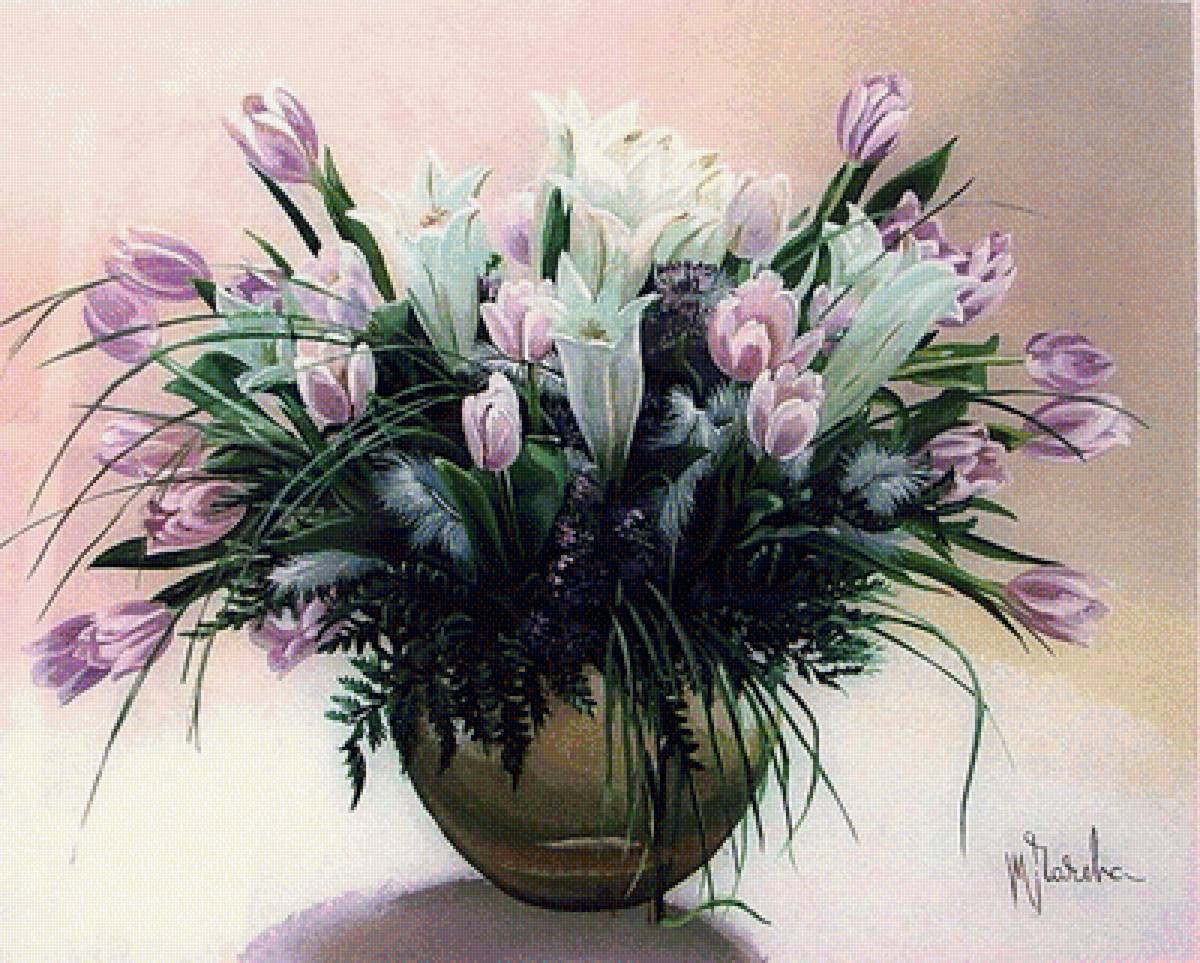 Букет тюльпанов - цветы, ваза, стол - предпросмотр