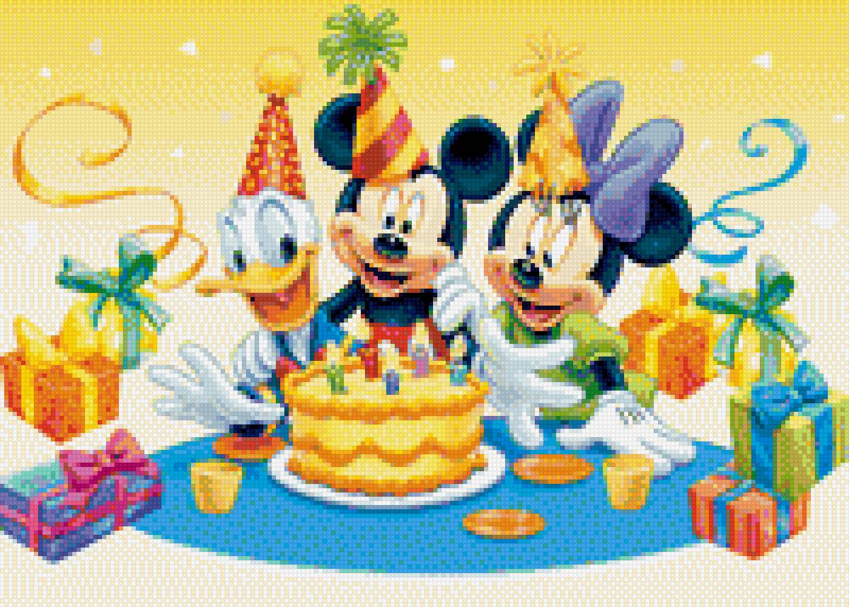 Микки маусы и  утенок - поздравление, деньрождения, микки маус, цветы, детки, открытка - предпросмотр