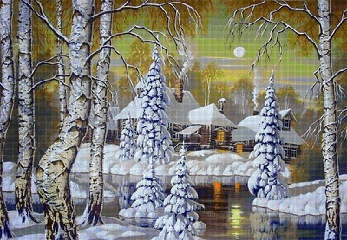 На закате - снег, дом, зима, деревня, закат, лес, река, вечер, дома, пейзаж - предпросмотр