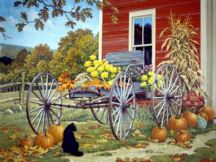 Осенний мотив - дом, цветы, осень, кот, повозка, тыквы - оригинал