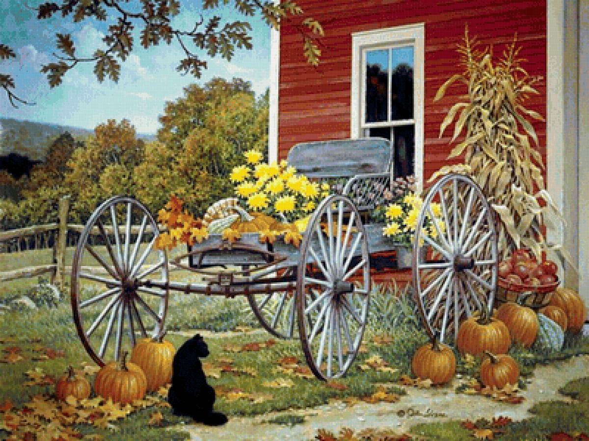 Осенний мотив - кот, дом, осень, цветы, тыквы, повозка - предпросмотр