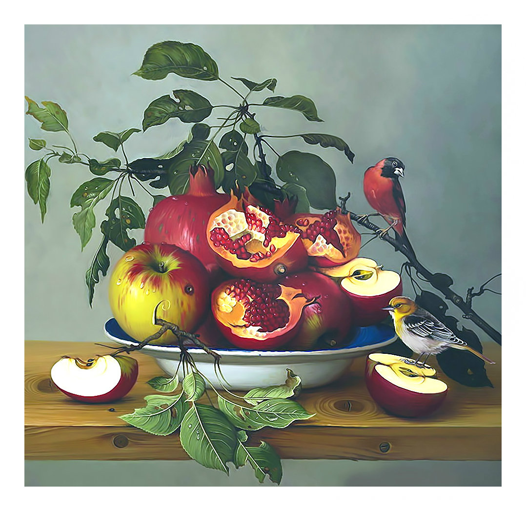 Гранатовый натюрморт. - живопись, гранат, птица, натюрморт - оригинал