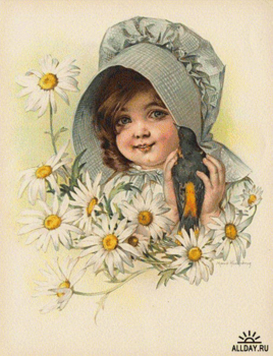 Девочка с птичкой - винтаж дети птицы - предпросмотр