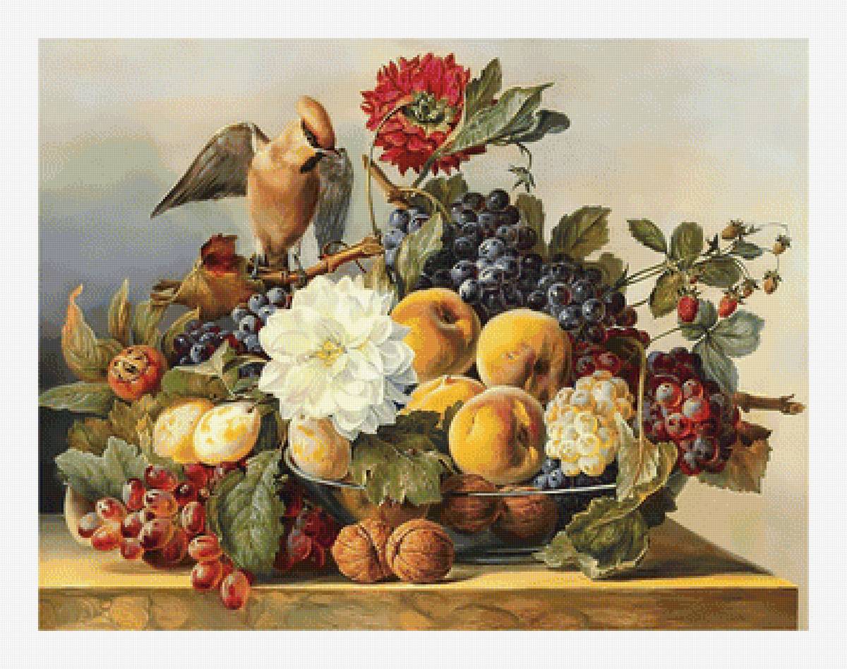 Натюрморт с птичкой. - живопись, ягоды, натюрморт, фрукты - предпросмотр