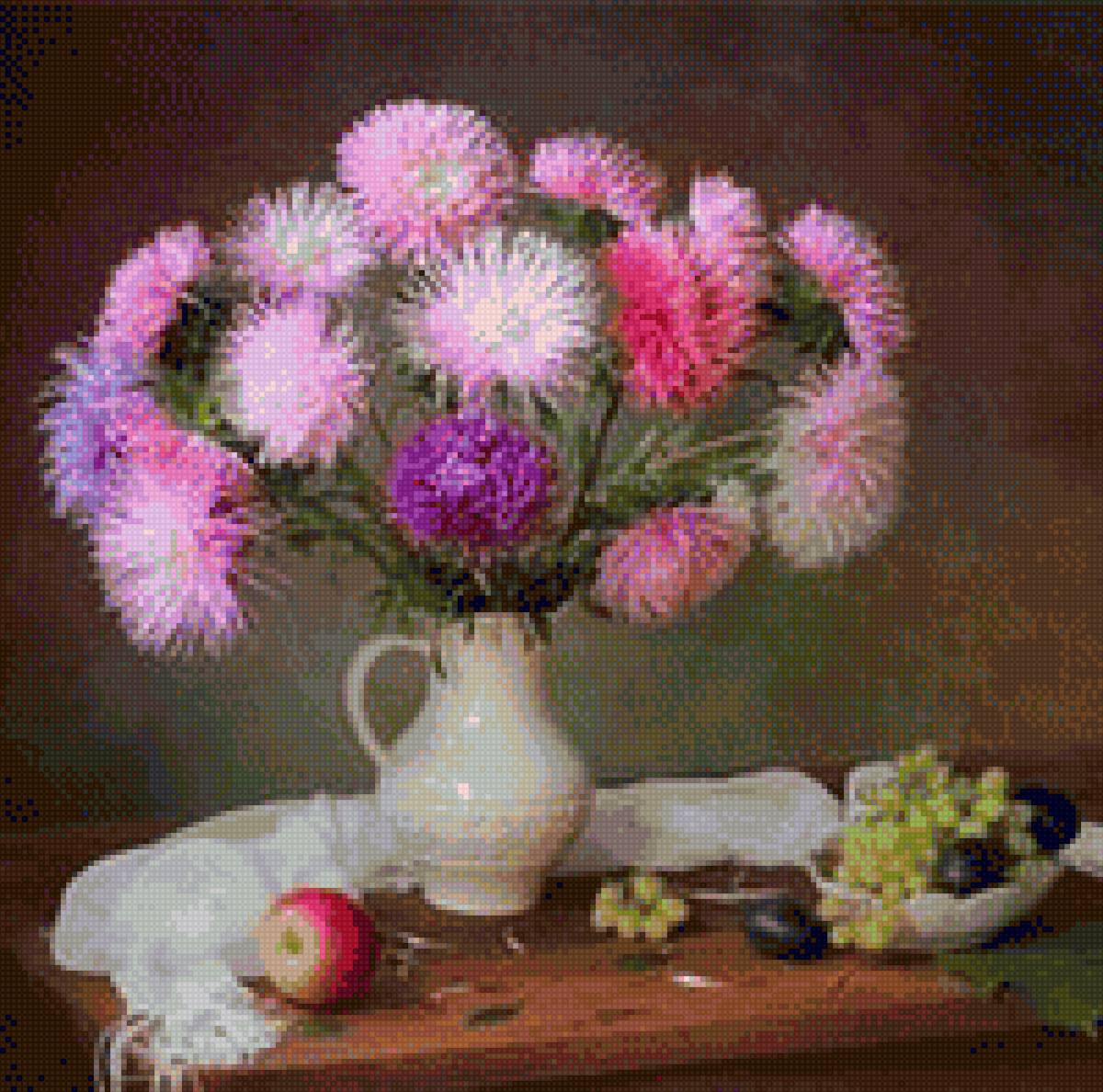 натюрморт - фрукты, натюрморт, виноград, цветы, буке - предпросмотр