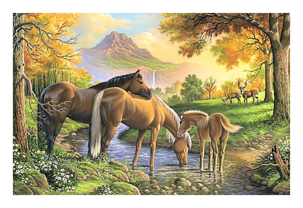 Пейзаж с лошадьми. - живопись, лошади, олени, пейзаж, горы - оригинал