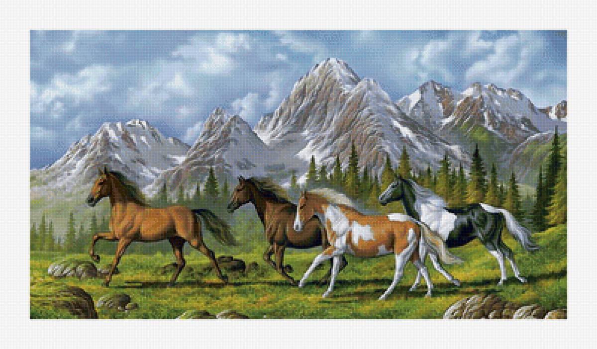 Горный пейзаж с лошадьми. - лошади, природа, живопись, пейзаж, горы - предпросмотр