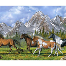 Горный пейзаж с лошадьми.