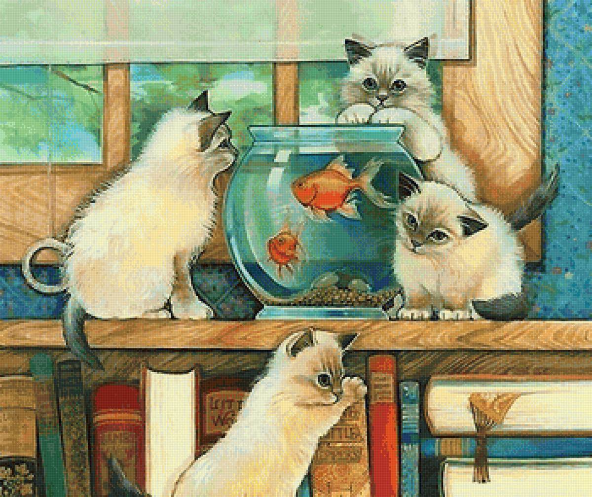 котята - котята, аквариум, книги, рыбки - предпросмотр
