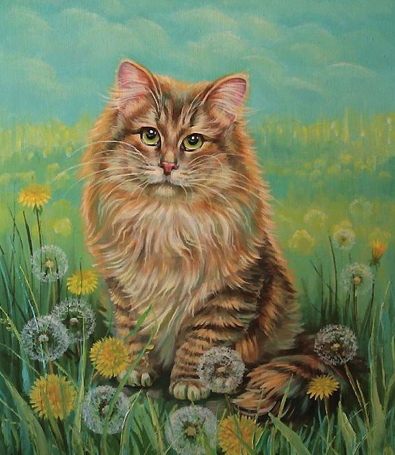котик в одуванчиках - поле, кот, одуванчики - оригинал