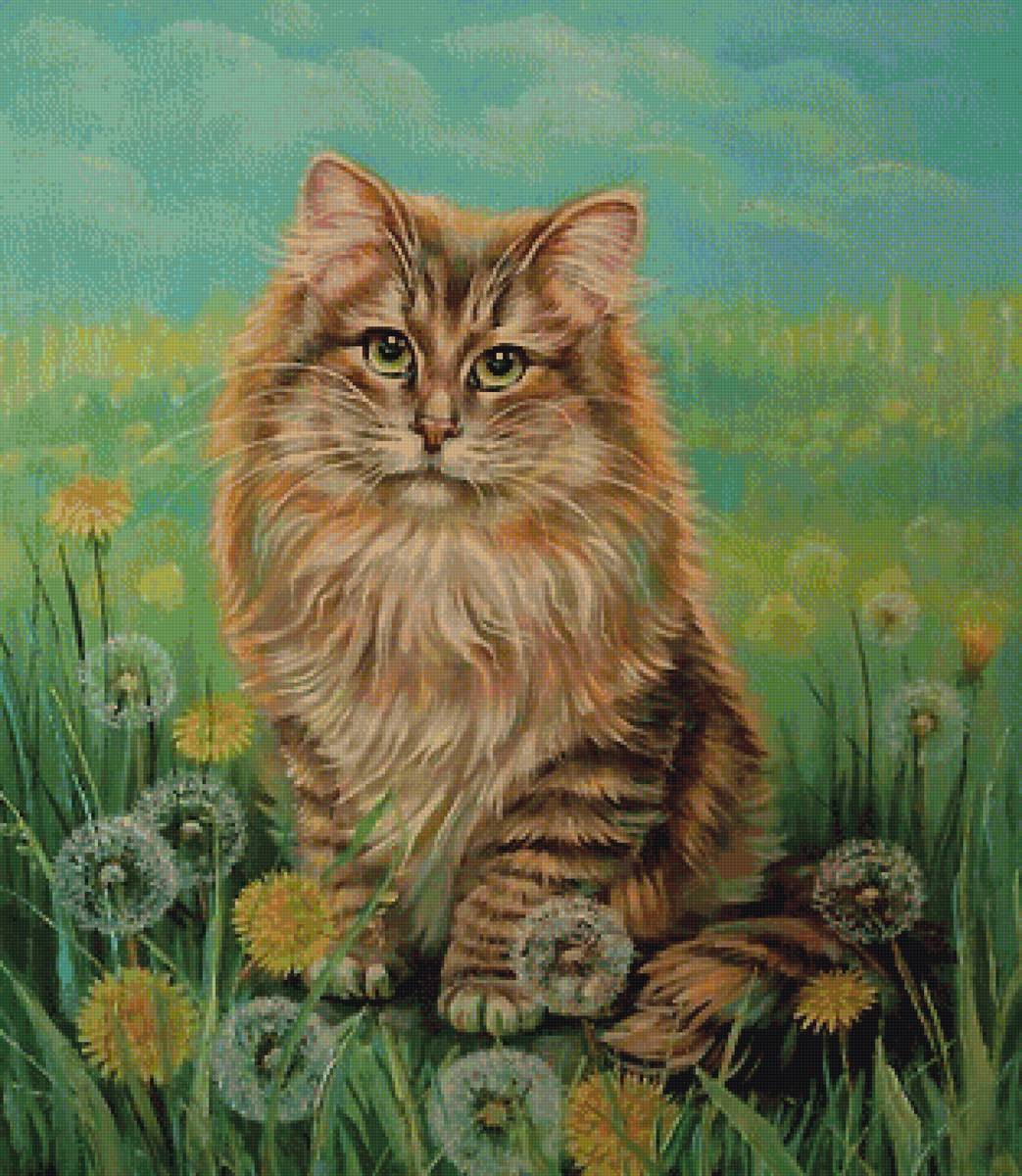 котик в одуванчиках - одуванчики, поле, кот - предпросмотр